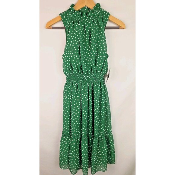 Kate and Lily Dress Women's Size 4 Green Polka Dot Sleeveless High Neck Ruffle - Picture 13 of 13